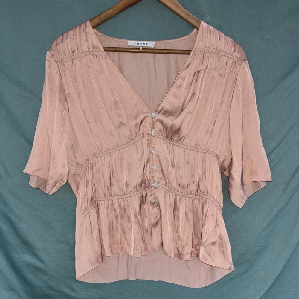EUC Frame Pink Shirred V-Neck Blouse Size Large Retro 90s Vibe Fire Rose Summer